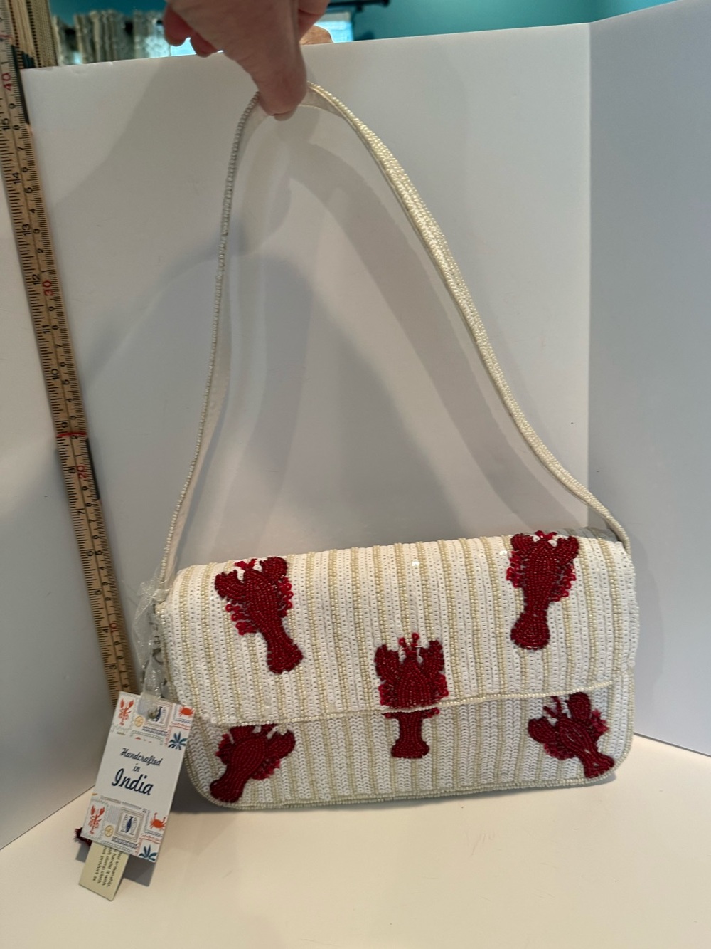* White & Beige Striped Beaded Shoulder Bag with Red Lobster Embellishments